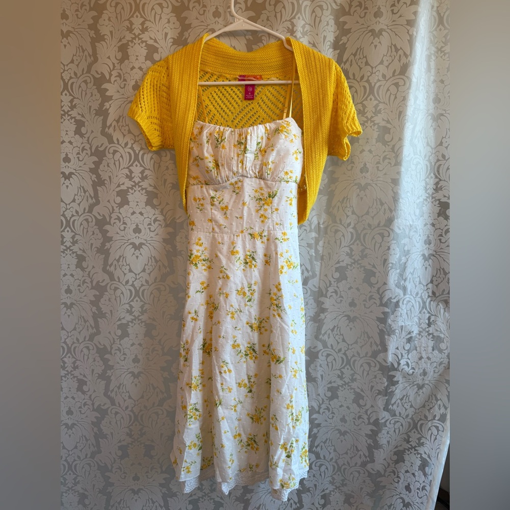 Floral Swiss Dot Dress with Yellow Knit Cardigan